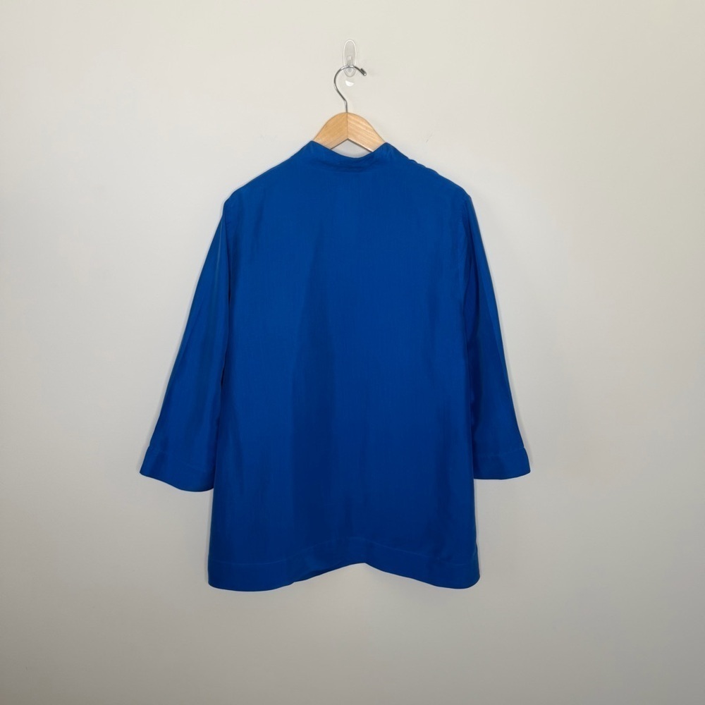 Eileen Fisher Silk Dupioni High Collar Top Catalina Blue VNeck Long Sleeve - Picture 8 of 12